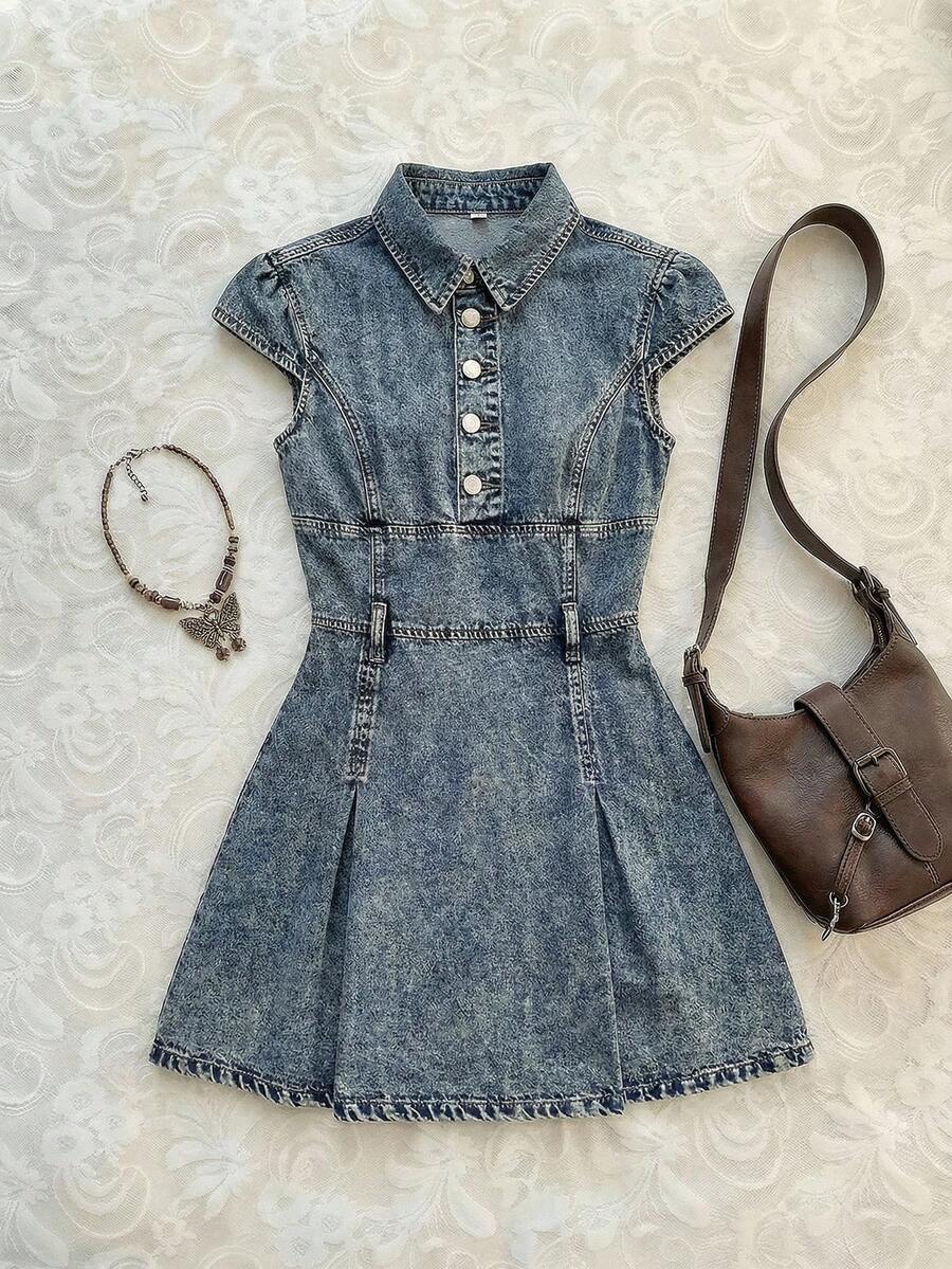 Elamini Damklänning med knappar och halvslå, kortärmad, avslappnad denim - Mediumtvätt - Visa 1