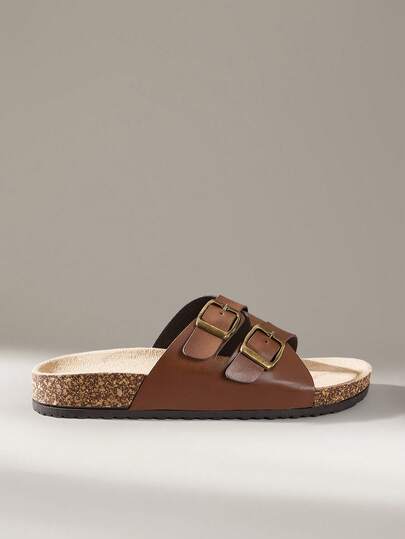 Solecia 女士平底凉鞋，复古深棕色PU皮拖鞋，交叉绑带设计，复古金属扣可调节宽度，仿麂皮鞋垫舒适，厚底防滑户外休闲凉鞋，大学度假沙滩拖鞋