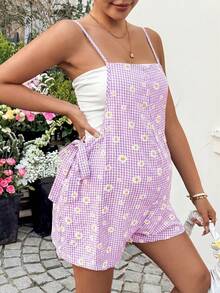 SHEIN 孕妇夏季休闲沙滩度假风雏菊印花侧系带连体衣 - 淡紫色 - 查看 6