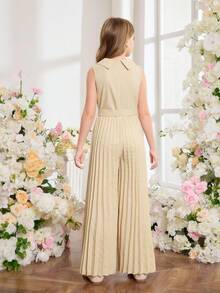 SHEIN Mono de pierna ancha plisado con cinturón y doble botonadura, de cuello elegante color albaricoque, adecuado para vacaciones, fiestas, bodas, vuelta al colegio, graduación y otras ocasiones, para niñas preadolescentes - Albaricoque - Ver 2