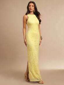 Silquee Đầm Jacquard thanh lịch dành cho nữ, thắt eo, thích hợp cho các buổi tiệc cocktail, đám cưới, sinh nhật, tiệc chiêu đãi, kỳ nghỉ biển. - Màu vàng ngỗng - Xem 6