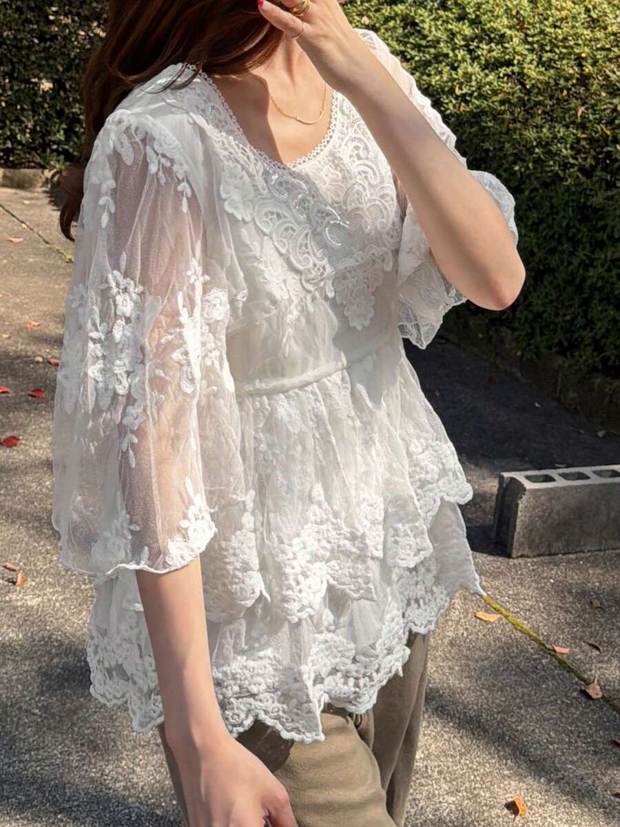 FRIFUL 女士夏季网纱拼接刺绣宽松衬衫 - 杏色 - 查看 1