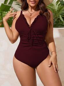 Swim Vcay Plus Size One-Piece Swimsuit, Coffee Color, Floral Trim, Drawstring Waist, Ruched, Slimming, Sexy, Casual, Resort Style, Suitable For Pool Party - Burgundy - View 4