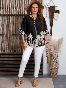 EMERY ROSE Women's Vacation Plant Pattern V-Neck Casual Shirt,Summer Top - Black - View 3