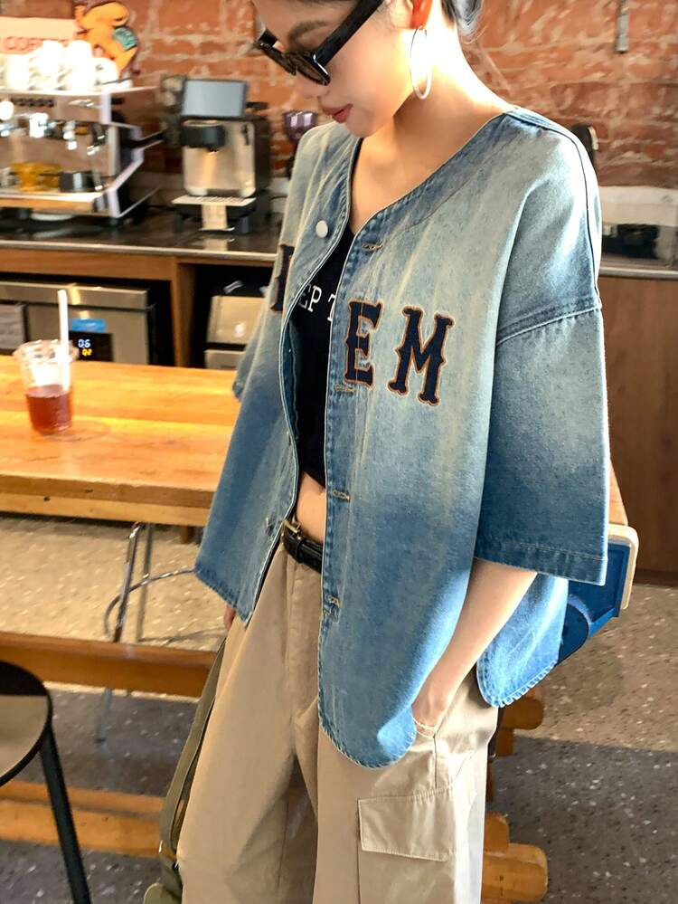 Women's Letter Print Drop Shoulder Single-Breasted Casual Denim Blouse