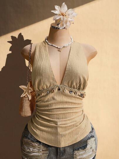 SHEIN ICON 大码女式夏季沙滩度假纯色纹理面料拼接贝壳亮片装饰褶皱露背系带吊带衫