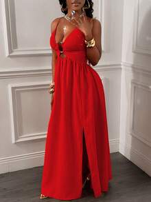 Glyssa Women's Sexy Spaghetti Strap Backless Criss-Cross Front Hollow U-Shaped Buckle Ruched Hem High Slit Dress - Red - View 5