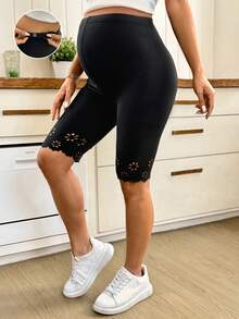 SHEIN Leggings cortos de maternidad de unicolor con diseño hueco y cintura ajustable - Negro - Ver 8