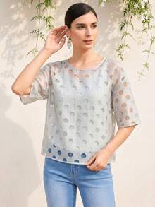 LOTSLUV Conjunto de 2 piezas elegante para primavera/verano de mujer: Blusa holgada de cuello redondo de manga corta en gris con estampado de lunares semitransparente en gris, combinada con camiseta interior gris - Gris - Ver 4