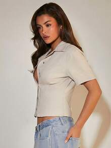 COSMINA Áo sơ mi denim nữ, áo sơ mi denim tay ngắn, áo denim màu xám, trang phục denim thường ngày. - Xám - Xem 5