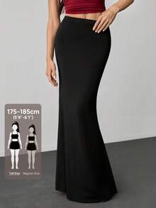 SHEIN Tall 女款彈性腰超長魚尾裙，優雅純色，適合高個女性 - 黑色 - 查看 7