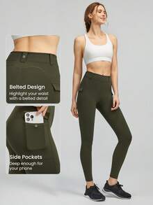 GLOWMODE 26" FeatherFit™ Cargo Pocket Belted Leggings Low Impact Daily Casual Summer - Army Green - View 3