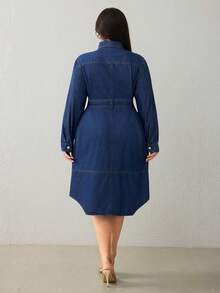 Selenza Plus Size Women's Fashion Denim Belted Dress Winter New Year - Dark Wash - View 2