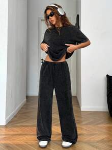SHEIN EZwear 女士休闲裤套装，95%棉，适合日常穿着 - 黑色 - 查看 3