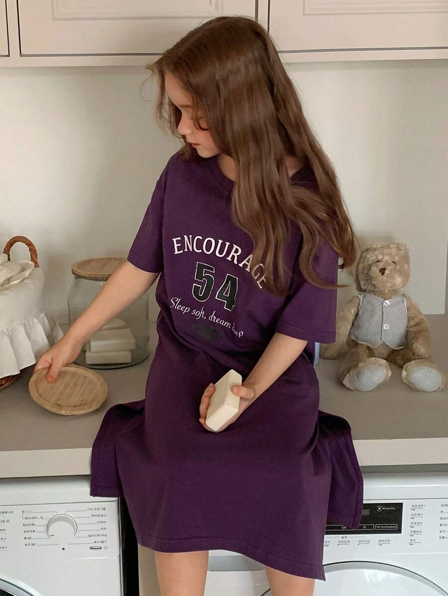 Dazy Kids 时尚修身T恤裙,适合大龄女孩的休闲家居服 - 紫色 - 查看 1