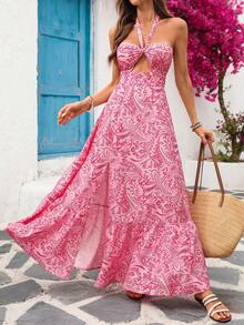 Vivid Eden 女士时尚休闲优雅浪漫印花度假沙滩露背系带镂空超大喇叭下摆粉色印花连衣裙，春夏款 - 粉色 - 查看 9