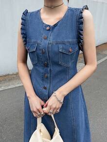 FRIFUL Đầm denim nữ dáng suông, cài cúc đơn, tay loe, thích hợp mặc đi biển. - Màu xanh lam - Xem 9