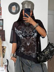 Coolane T-shirt oversize noir confortable, respirant et extensible avec graphiques vintage sexy, décontracté, grunge, gothique, punk et gyaru. Streetwear d'été pour femmes et hommes - Noir - Voir 1