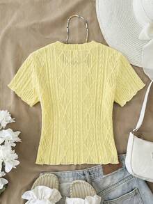 SHEIN 少女米色提花针织圆领百搭短袖T恤，休闲百搭，适合休闲度假，露脐上衣，黄色上衣 - 黃色 - 查看 2