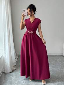 Franclia Vestido de mujer con cuello en V elegante, mangas tipo murciélago, cintura ceñida y bajo acampanado, color rojo cereza, para primavera/verano - Burdeos - Ver 5