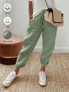 EMERY ROSE Solid Color Front Tie Simple Style Long Pants, Casual Daily Wear - Mint Green - View 1