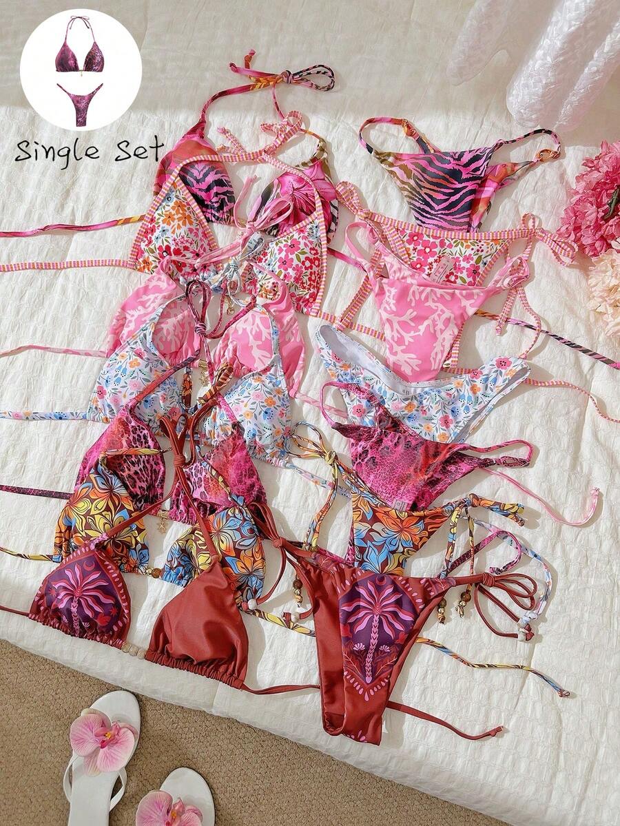 Elavelle Bộ bikini gợi cảm cổ yếm in họa tiết ngẫu nhiên dành cho nữ, trang phục đi biển mùa hè. - Nhiều màu - Xem 1