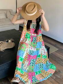 Dazy Plus 无袖碎花拼接宽松度假风休闲连衣裙，适合女孩、大码女性，春夏夏季连衣裙 - 彩色 - 查看 4