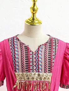 SHEIN Mädchen Lässig Gewebe bedrucktes Kleid mit goldenem Quastenbesatz, V-Ausschnitt Puffärmel, geeignet für den täglichen Gebrauch, Urlaub, Frühling/Sommer - Heißes Pink - Übersicht 4