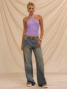 Avantive Top d'été décoré de métal à encolure ras-du-cou pour femmes, vêtements d'été blancs, hauts mexicains aux épaules dénudées pour femmes - Mauve - Voir 5