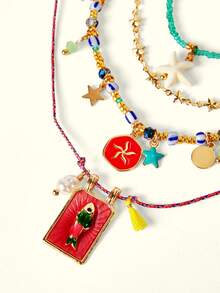 Popjeli 4pcs Bohemian Handmade Beaded Colorful Square Fish & Starfish Pendant Multilayer Necklace Set For Women, Suitable For Daily, Party, Beach, All Seasons - Multicolor - View 8