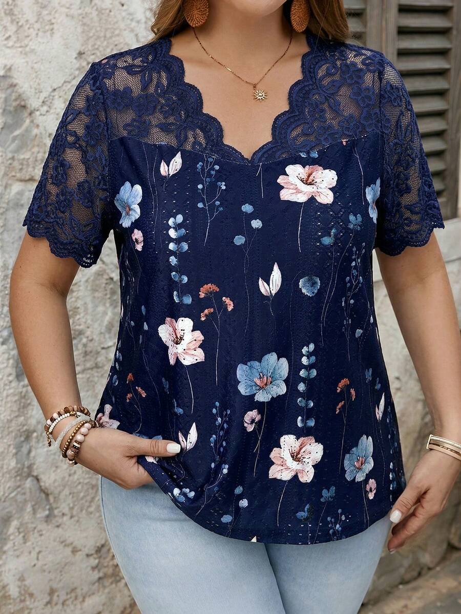 SHEIN LUNE Plus Size Summer Casual Lace Patchwork Floral Print T-Shirt - Navy Blue - View 1