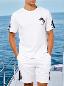 2pcs/Set Teen Boys' Fashionable White T-Shirt And Shorts,Soft Comfortable Summer Streetwear Holiday Outfit For Sports,School,Outings And Photography - White - View 3
