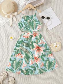 Tween Girl Tropical Plant Print Sleeveless Dress - Multicolor - View 4