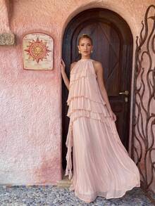 Lumalex 女士无袖飘逸多层网纱不对称荷叶边鱼尾连衣裙 - 杏色 - 查看 6