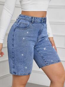SHEIN Tall Quần short denim ôm sát thời trang mùa hè dành cho nữ, thích hợp cho các bữa tiệc, dạo chơi, nghỉ lễ, du lịch. Thiết kế đính đá lấp lánh, trang trí đá, có túi. - Rửa trung bình - Xem 5