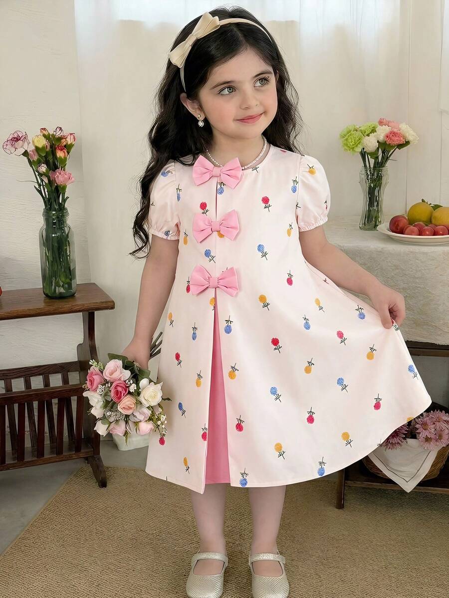 SHEIN Young Girl Woven Colorblock Round Neck Floral Puff Sleeve Dress - Multicolor - View 1
