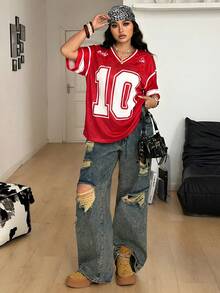Coolane 女士加大码春夏街头风运动休闲撞色滚边数字印花透气蓝色针织T恤 - 紅色 - 查看 6
