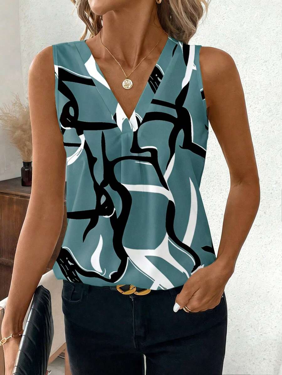 EMERY ROSE Plus Size Casual Daily All-Over Print V-Neck Sleeveless Shirt, Summer - Multicolor - View 1