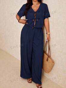Elaquor Plus Size Vacation Casual Solid Color Shirt And Pants 2 Pieces Set, Clothes For Women Spring To Summer - Navy Blue - View 6