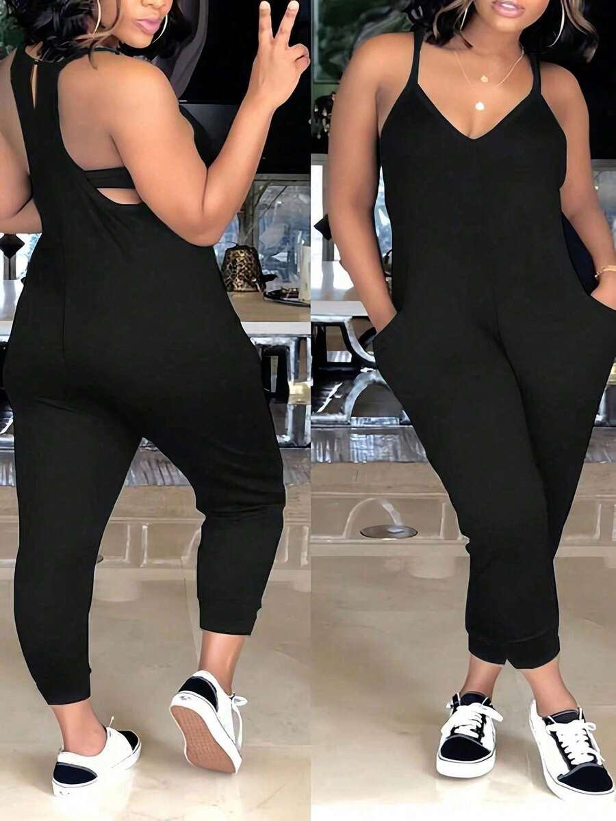 SHEIN PETITE 黑色V领细肩带口袋小码针织连体裤 夏季女装 - 黑色 - 查看 1