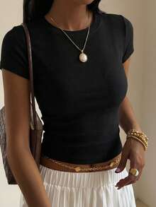 DAZY Women's Solid Color Round Neck Short Sleeve Casual T-Shirt - Black - View 12