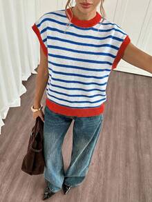 Siren Gaze Women's Striped Round Neck Contrast Color Patchwork Fashionable Versatile Knit Top, Suitable For Daily Commute - Multicolor - View 6