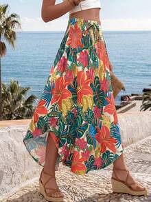 SHEIN Holidaya French Style Tropical Floral Irregular Skirt With Elastic Drawstring Waist - Green - View 3
