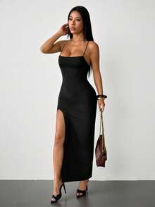 SHEIN PETITE Đầm midi nữ thanh lịch hở lưng, thắt eo, xẻ tà - màu đen - Xem 12