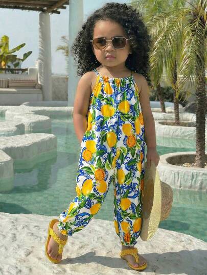 SHEIN Mono sin mangas holgado de pierna ancha con estampado floral diminuto para bebé niña