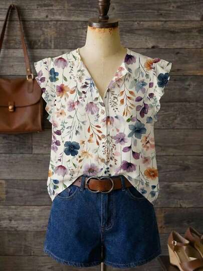 EMERY ROSE Áo sơ mi nữ cỡ lớn mùa hè in hoa, tay bồng, dáng rộng, thích hợp cho kỳ nghỉ.