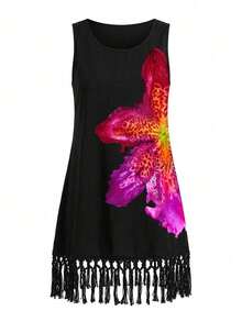 Swim Lushoire Women's Summer Round Neck Sleeveless Tassel Hem Placement Print Chiffon Dress, Carnival - Black - View 6