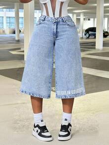 BamGleam Quần jeans nữ ống rộng in khẩu hiệu phong cách thường ngày - Màu xanh lam - Xem 3