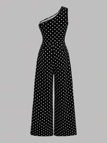 SHEIN Girlism 少女可愛優雅黑白波點不對稱單肩修身連身褲，附3D花朵裝飾，夏季生日派對婚禮度假洋裝 - 黑色 - 查看 2