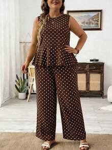 SHEIN LUNE 大码女式波点圆领上衣和阔腿裤休闲日常两件套，适合夏季穿着 - 彩色 - 查看 5